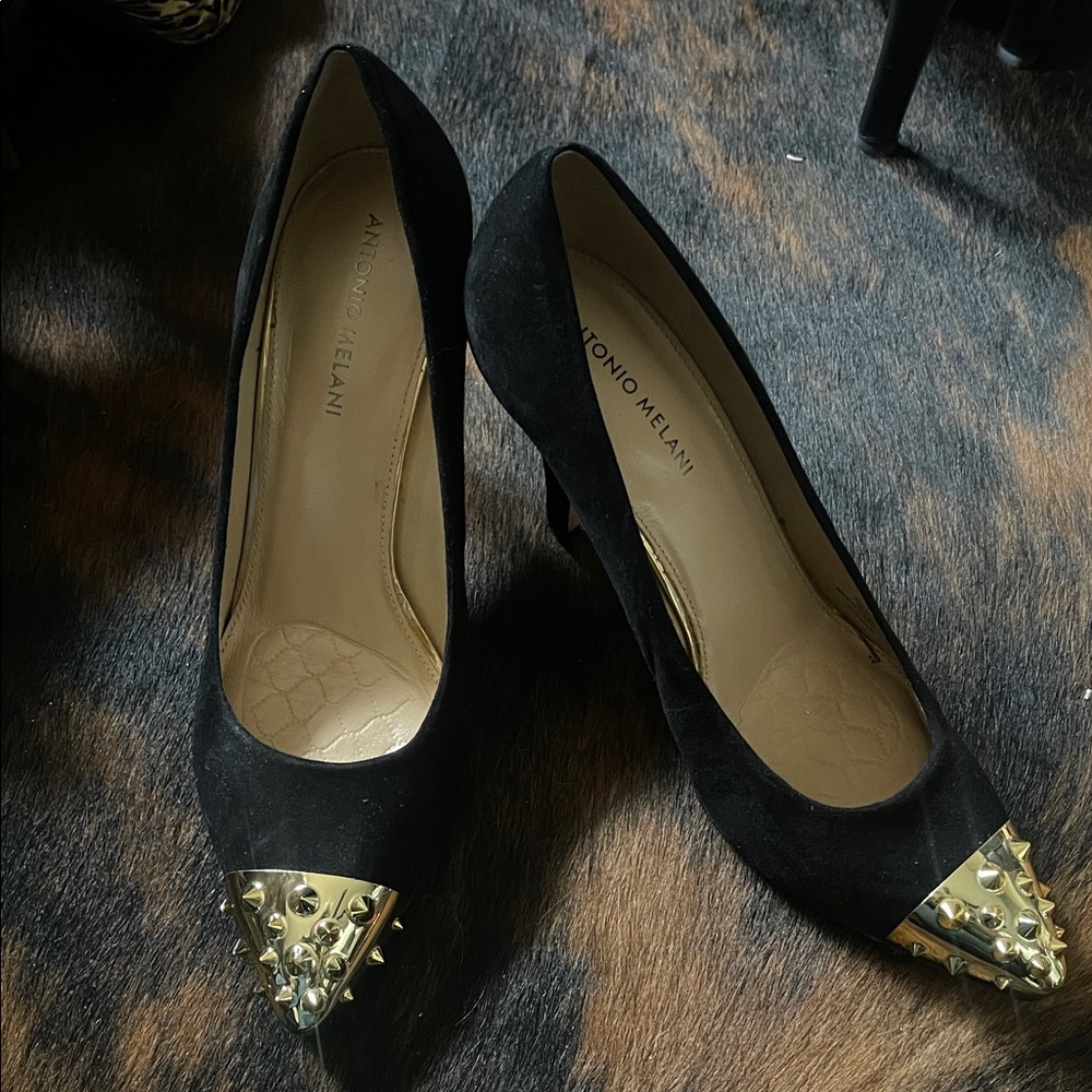 ANTONIO MELANI Black Suede Pointed Toe Pumps with Gold Studded Cap